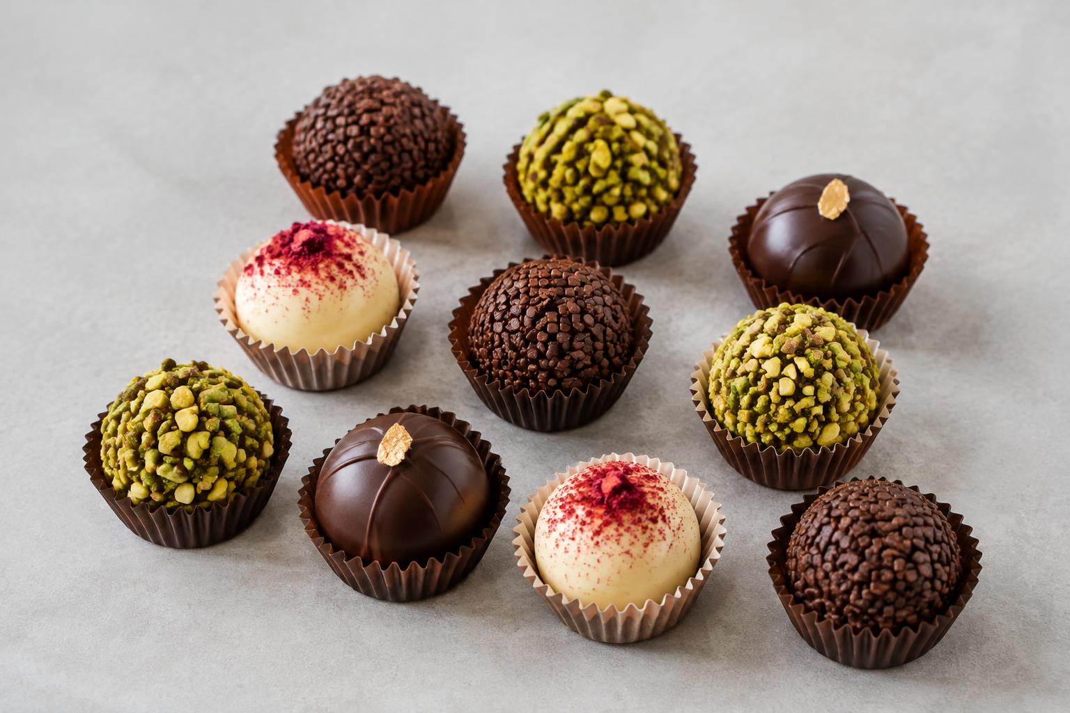 Doces finos de chocolate, pistache e brigadeiros