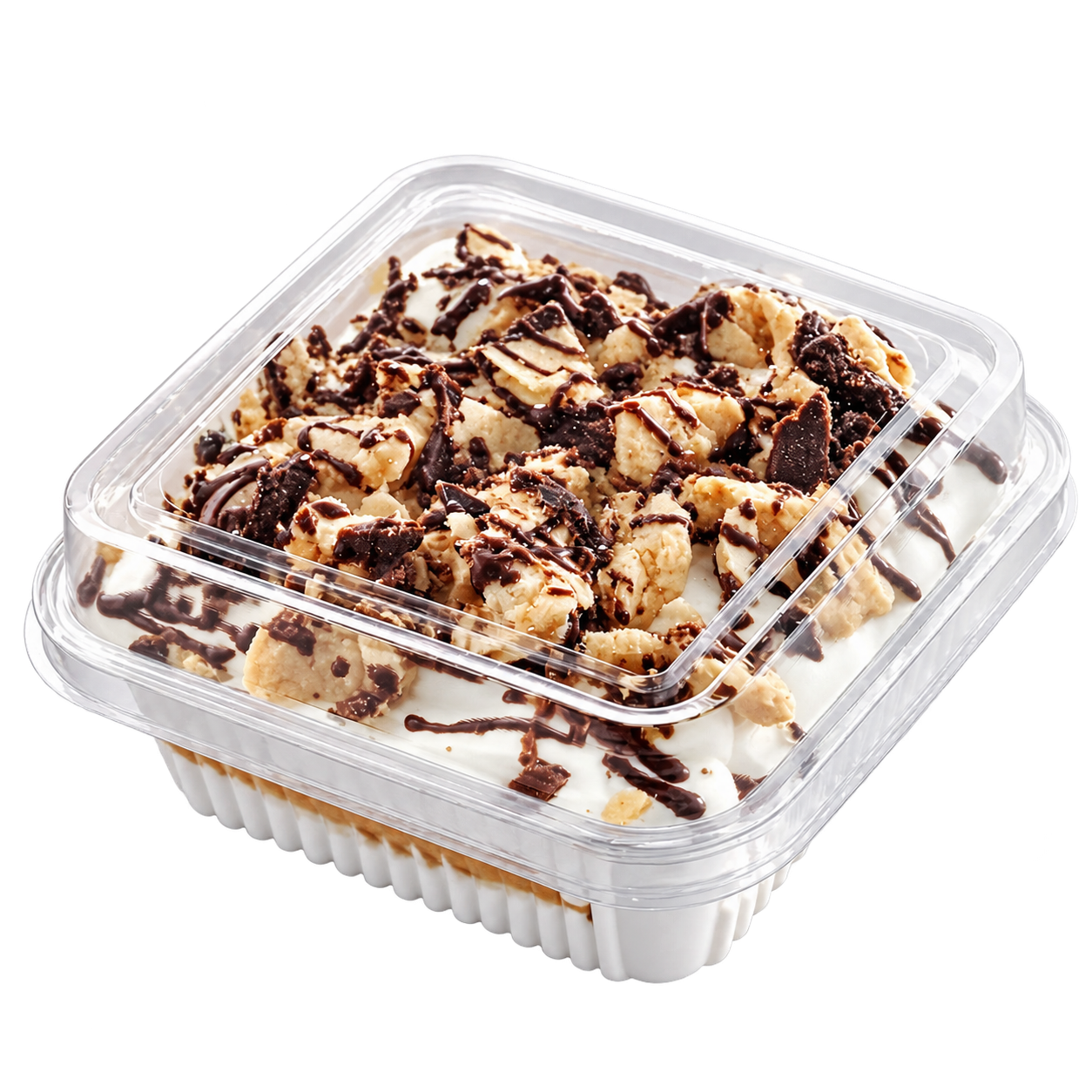 Sobremesa de creme e chocolate em embalagem PET quadrada